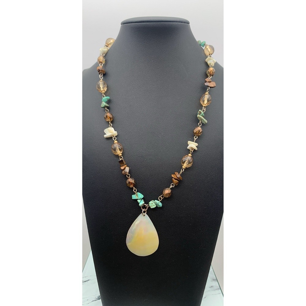 Cookie Lee Shell Teardrop Pendant Necklace Crystals Turquoise Tigers Eye Chips
